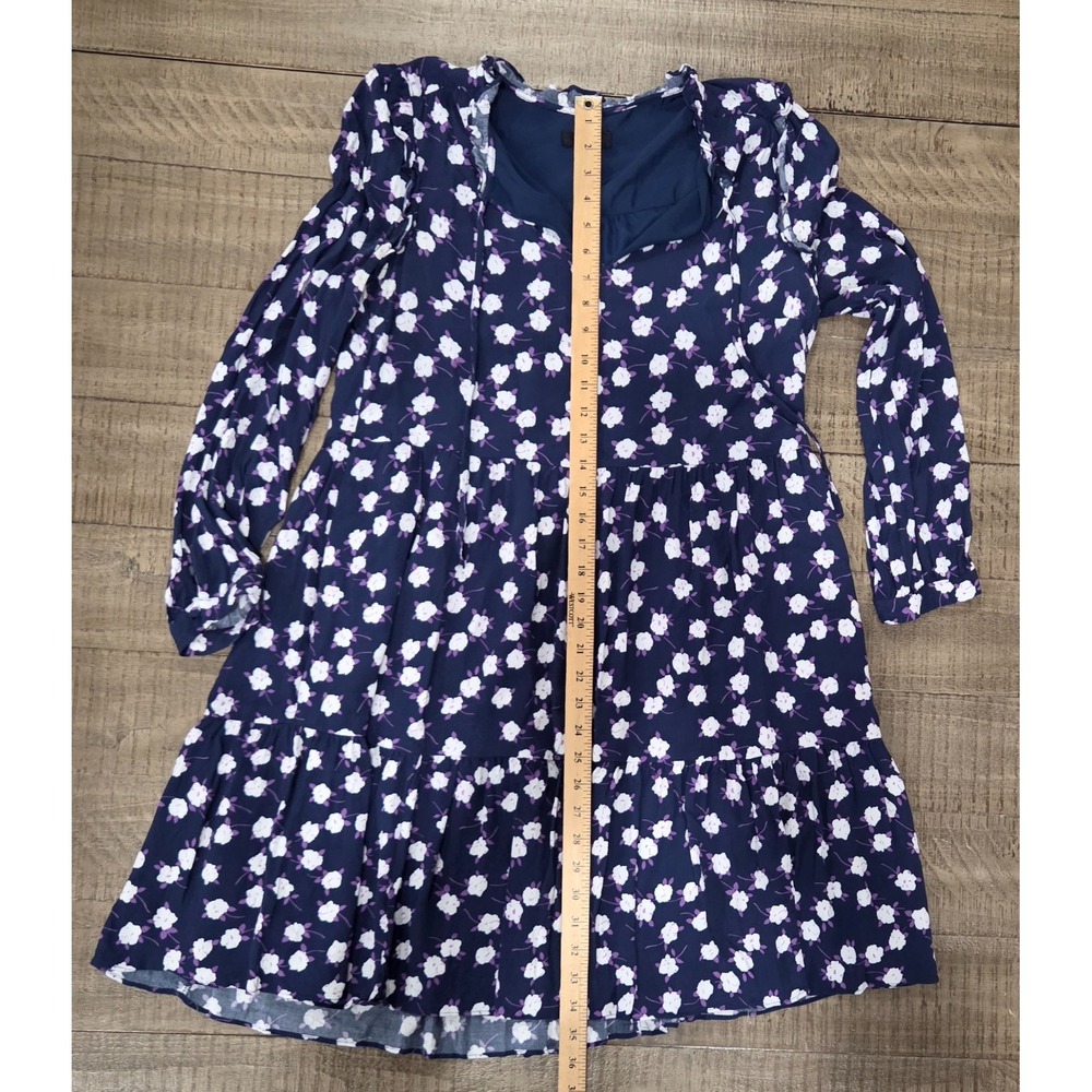 J.Crew Navy Blue/White/Purple Tie-Neck Tiered Dress Scattered Peony Print Medium - Picture 5 of 7